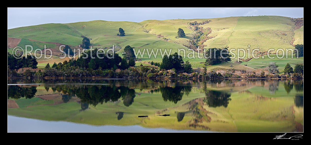 Image of Farmland and rolling pasture reflected in the Catlins Lake. Hinahina Hill. Panorama, Owaka, Clutha District, Otago Region, New Zealand (NZ) stock photo image