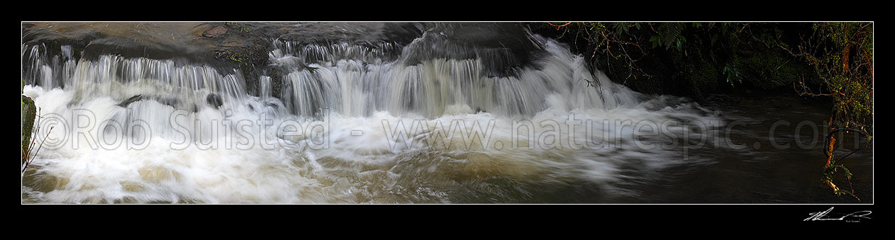 Image of Waterfall cascading over rocks into pool. Purakaunui River falls. Massive panorama file, Catlins, Clutha District, Otago Region, New Zealand (NZ) stock photo image