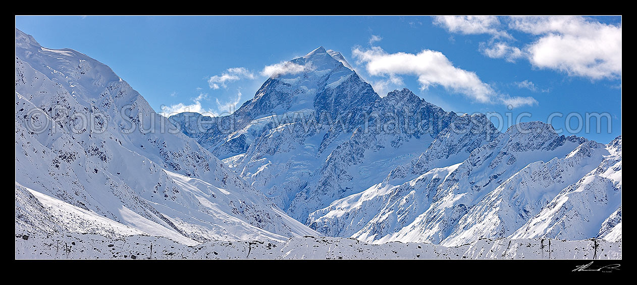 Image of Aoraki / Mount Cook (3754m) in winter snow. Looking over the Mueller Glacier morraine and up the Hooker River Valley. Mt Cook Range right. Panorama, Aoraki / Mount Cook National Park, MacKenzie District, Canterbury Region, New Zealand (NZ) stock photo image