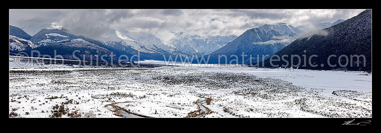 Image of Waimakariri River valley from Cora Lynn. Looking up to the Southern Alps in heavy winter snow. Panorama, Arthur's Pass National Park, Selwyn District, Canterbury Region, New Zealand (NZ) stock photo image