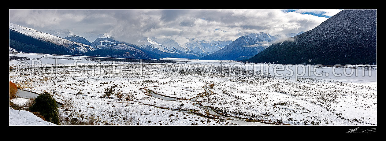 Image of Waimakariri River valley from Cora Lynn. Looking up to the Southern Alps in heavy winter snow. Panorama, Arthur's Pass National Park, Selwyn District, Canterbury Region, New Zealand (NZ) stock photo image