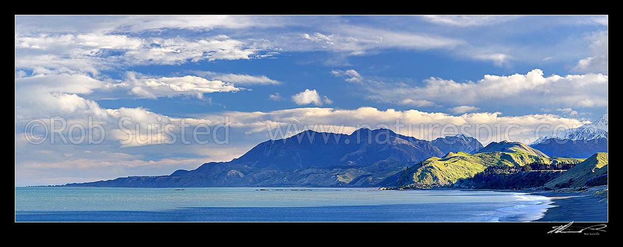 Image of Kaikoura Coastline. Later afternoon winter sun on the snowy Seaward Kaikoura Range, beach and coastal farmland near Kekerengu and Clarence. Panorama, Kaikoura, Kaikoura District, Canterbury Region, New Zealand (NZ) stock photo image