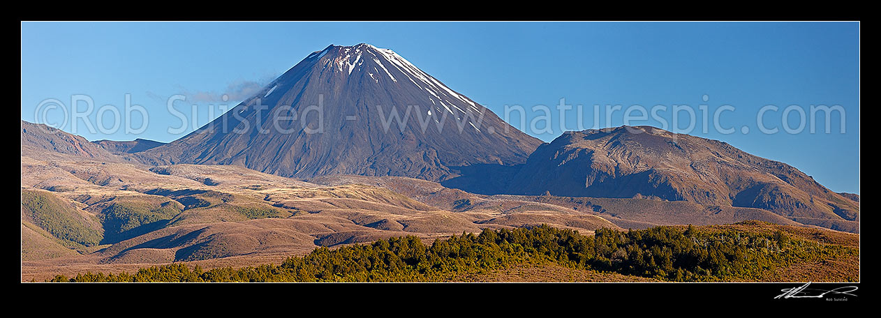 Image of Mount Ngauruhoe volcanic cone (2287m) with Pukekaikoire (1692m) at right. Tongariro Crossing Great Walk track, Tongariro National Park, Ruapehu District, Manawatu-Wanganui Region, New Zealand (NZ) stock photo image