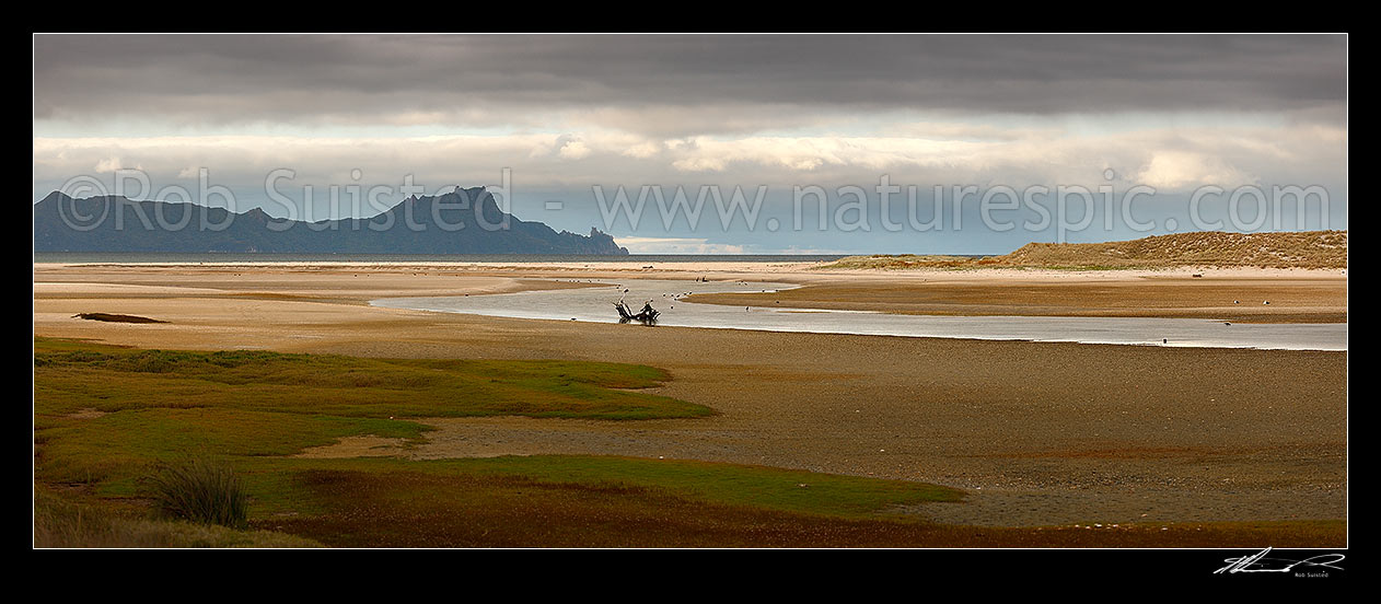 Image of Rugged Bream Head viewed over the Waipu Estuary and river mouth, and Bream Bay. Panorama, Waipu, Whangarei District, Northland Region, New Zealand (NZ) stock photo image