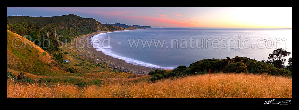 Image of Port Awanui and Te Wharau Beach pre dawn sunrise. East Cape and East Island (Whangaokeno) visible in distance. Panorama, Port Awanui, East Coast, Gisborne District, Gisborne Region, New Zealand (NZ) stock photo image