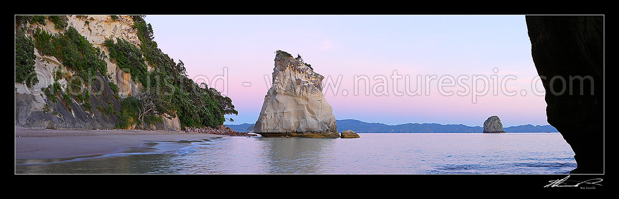 Image of Cathedral Cove peaceful pre dawn morning panorama looking through rock tunnel or cave. Coromandel Peninsula, Hahei, Coromandel Peninsula, Thames-Coromandel District, Waikato Region, New Zealand (NZ) stock photo image