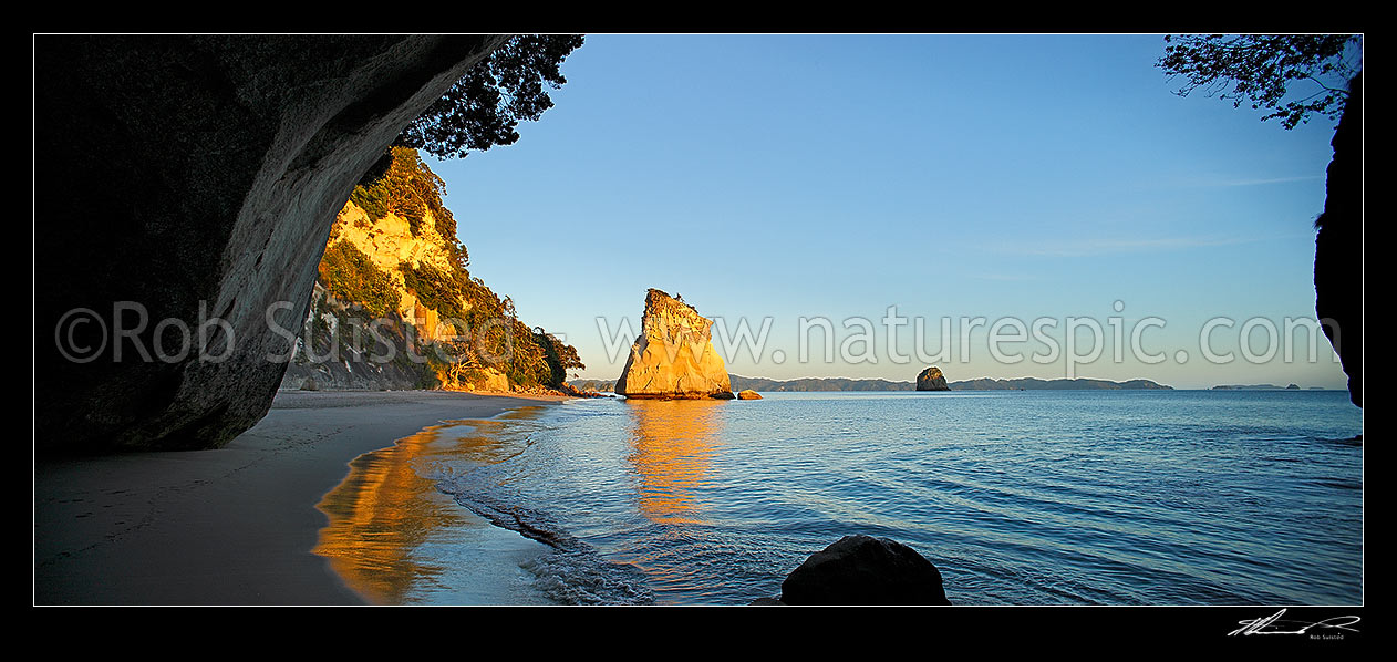 Image of Cathedral Cove peaceful sunrise morning panorama looking through rock tunnel or cave. Coromandel Peninsula, Hahei, Coromandel Peninsula, Thames-Coromandel District, Waikato Region, New Zealand (NZ) stock photo image