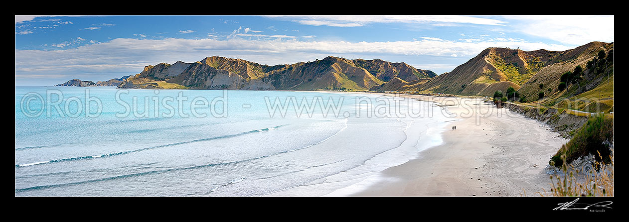 Image of Kaiaua Bay Beach with Te Karaka Point beyond. People walking on beach, and summer campers in distance. Panorama, Tolaga Bay, Gisborne District, Gisborne Region, New Zealand (NZ) stock photo image