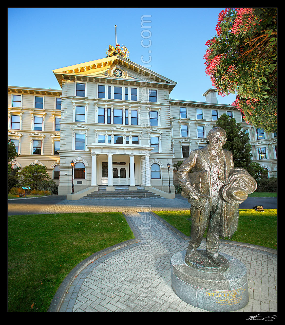 Image of Historic Old Government Buildings, with The Right Honourable Peter Fraser statue. Completed 1876, largest wooden building in Southern Hemisphere, 2nd in world, Wellington, Wellington City District, Wellington Region, New Zealand (NZ) stock photo image