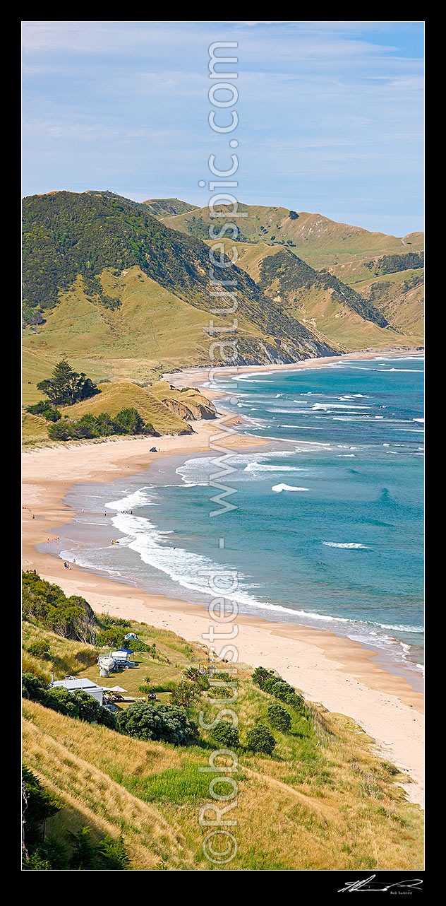 Image of Waihau Bay and Waihau Beach vertical panorama in summer, Tolaga Bay, Gisborne District, Gisborne Region, New Zealand (NZ) stock photo image