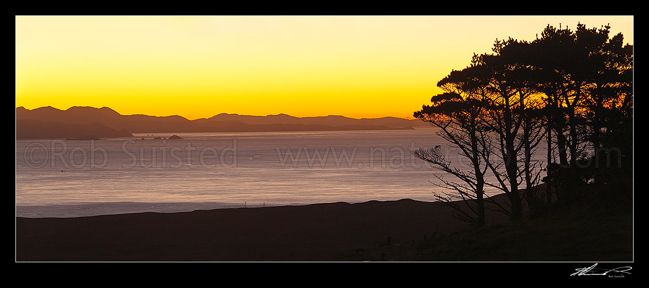 Image of Cook Strait in evening from Wellington. The Brothers Islands visible left, with Marlborough Sounds and Cape Jackson beyond, Wellington, Wellington City District, Wellington Region, New Zealand (NZ) stock photo image