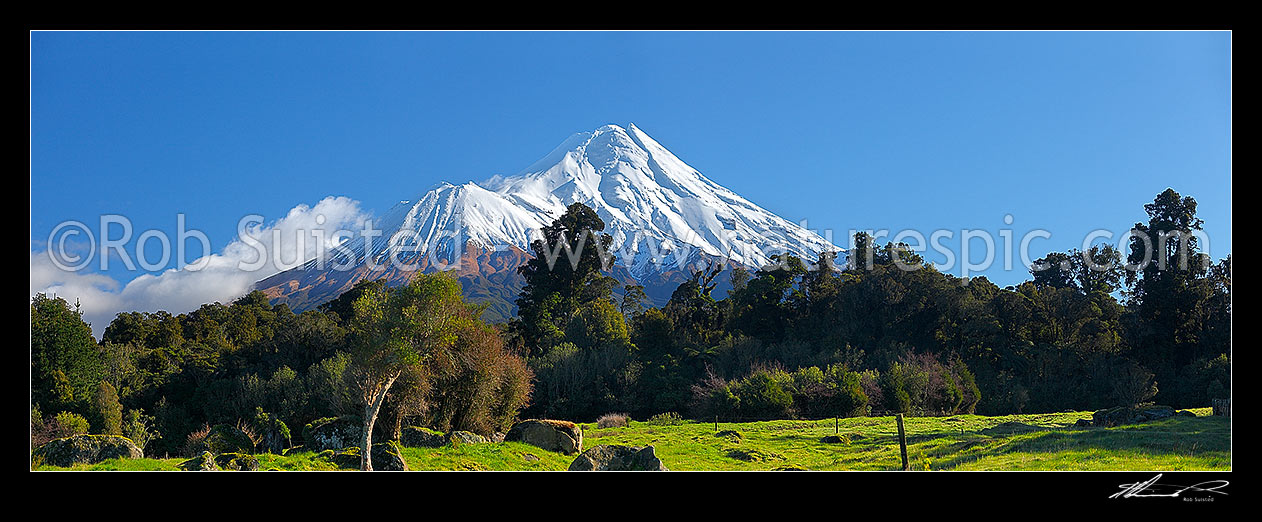 Image of Mount Taranaki / Mt Egmont (2518m), volcanic cone in winter. Panorama, Egmont National Park, Taranaki, Stratford District, Taranaki Region, New Zealand (NZ) stock photo image