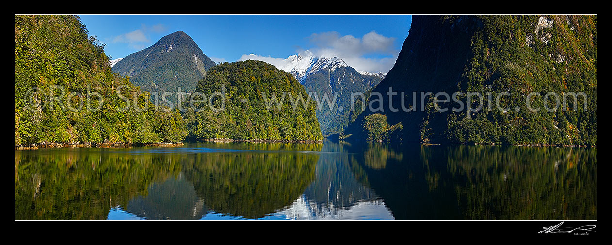 Image of Doubtful Sound on a perfect winters day. Looking up Hall Arm past Davidson Head to Mt Danae. Panorama, Doubtful Sound, Fiordland National Park, Southland District, Southland Region, New Zealand (NZ) stock photo image