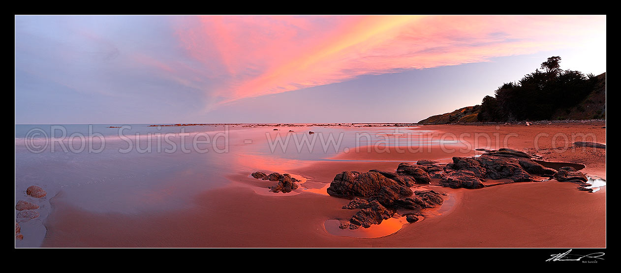 Image of Port Awanui sunset panorama at beach near East Cape, Port Awanui, East Coast, Gisborne District, Gisborne Region, New Zealand (NZ) stock photo image