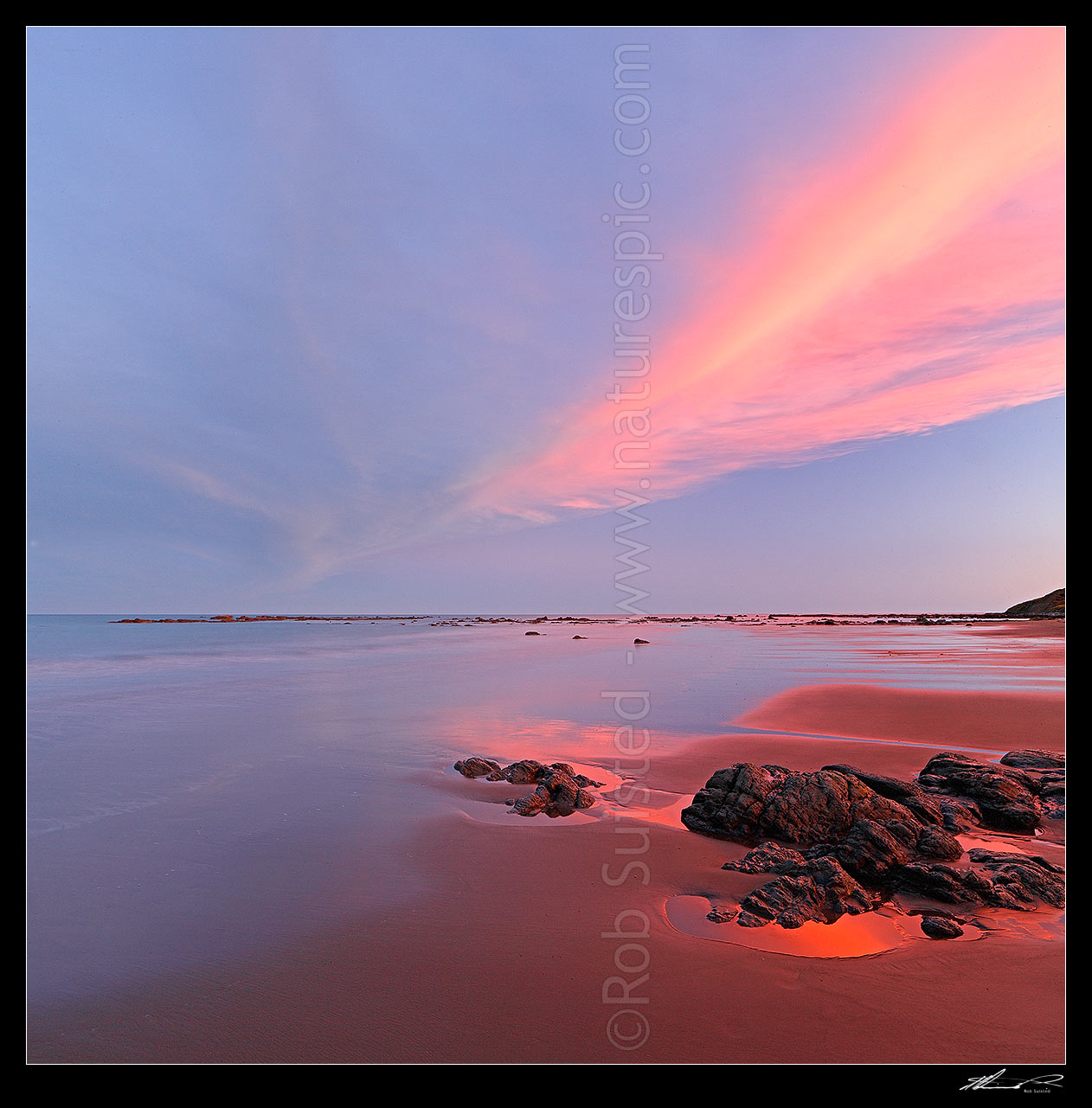 Image of Port Awanui sunset at beach near East Cape, Eastland. Square format, Port Awanui, East Coast, Gisborne District, Gisborne Region, New Zealand (NZ) stock photo image