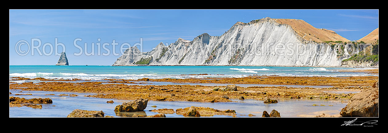 Image of Cape Kidnappers headland panorama from near Black Reef, Hawke's Bay, Hastings District, Hawke's Bay Region, New Zealand (NZ) stock photo image