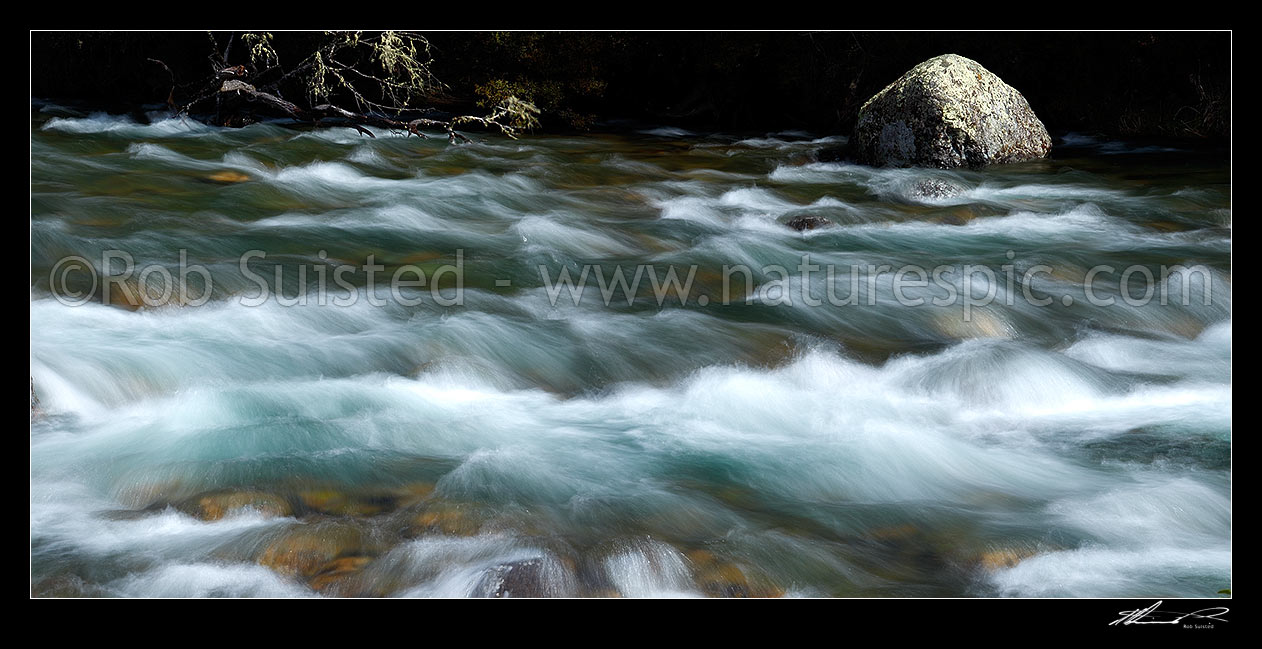 Image of Buller River passing through rapids and rocks near Lake Rotoiti and its headwaters. Panorama, Nelson Lakes National Park, Tasman District, Tasman Region, New Zealand (NZ) stock photo image