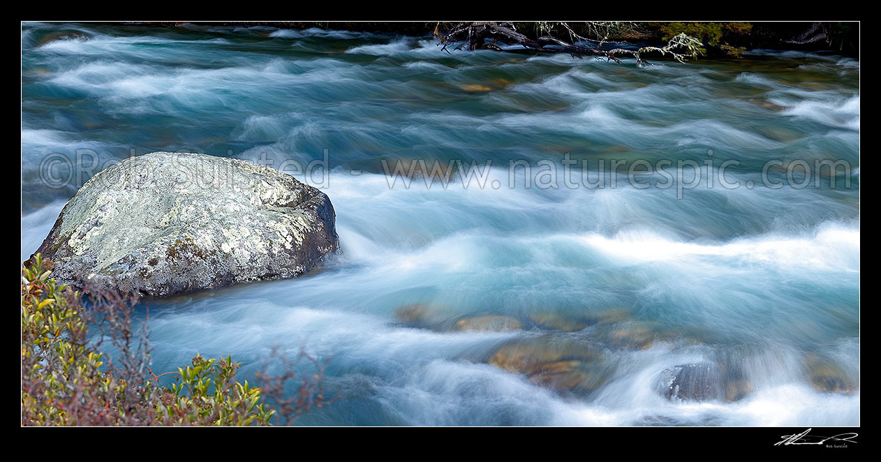 Image of Buller River passing through rapids and rocks near Lake Rotoiti and its headwaters. Panorama, Nelson Lakes National Park, Tasman District, Tasman Region, New Zealand (NZ) stock photo image