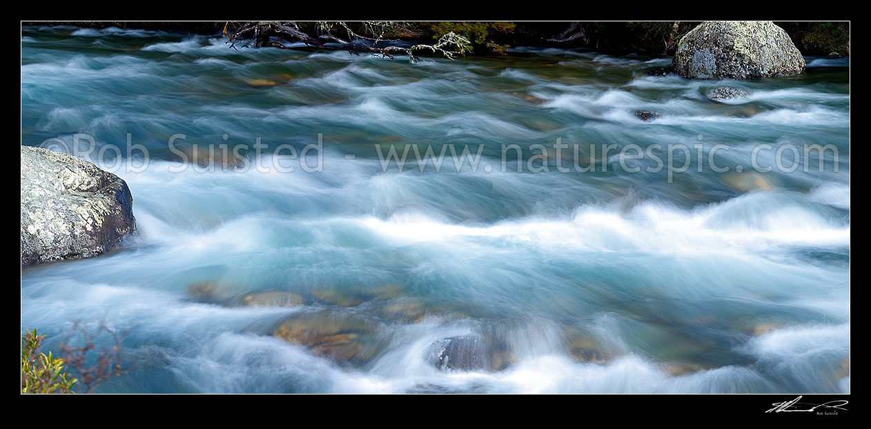 Image of Buller River passing through rapids and rocks near Lake Rotoiti and its headwaters. Panorama, Nelson Lakes National Park, Tasman District, Tasman Region, New Zealand (NZ) stock photo image