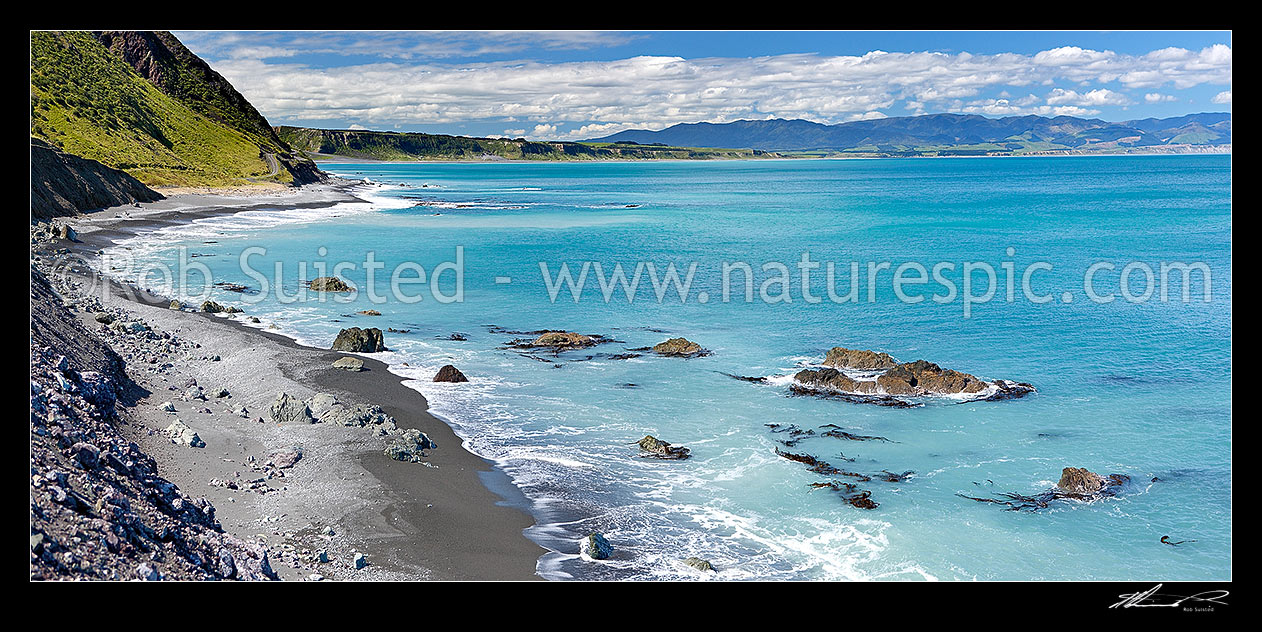 Image of Palliser Bay coast panorama looking towards Ocean Beach. Aorangi Haurangi Range beyond, Ocean Beach, South Wairarapa District, Wellington Region, New Zealand (NZ) stock photo image