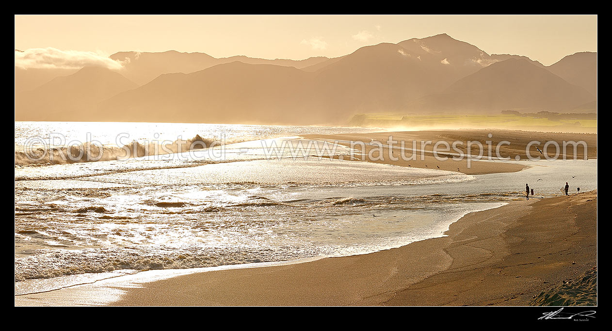 Image of Lake Onoke entrance and Ruamahanga River mouth in Palliser Bay with whitebaiters in evening. Remutaka (Rimutaka) Ranges and Mt Matthews beyond, Lake Ferry, South Wairarapa District, Wellington Region, New Zealand (NZ) stock photo image