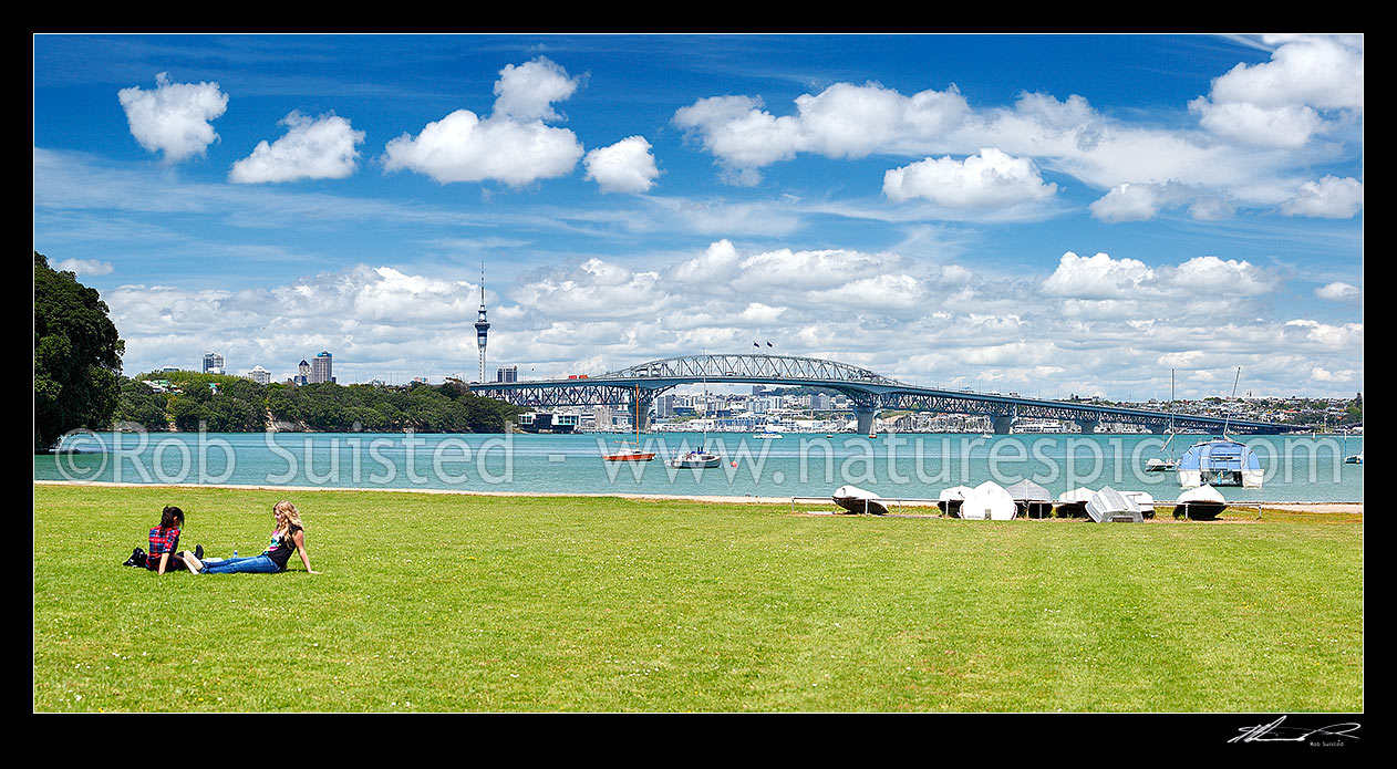 Image of Auckland City, Harbour bridge and Sky Tower from the North Shore, with people enjoying sunny weather. Panorama, Auckland, North Shore City District, Auckland Region, New Zealand (NZ) stock photo image