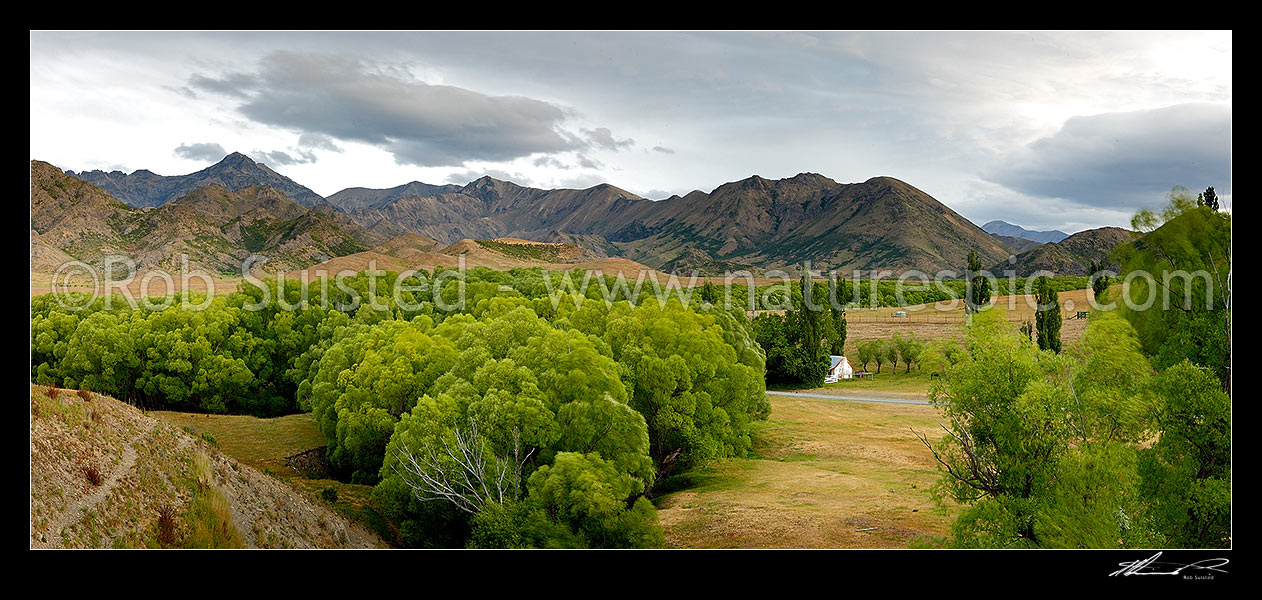 Image of Molesworth Cob Homestead, historic bulding in the Awatere River valley. Original Molesworth Homestead buillt in 1866. Turks Head far left in panorama, Molesworth Station, Marlborough District, Marlborough Region, New Zealand (NZ) stock photo image