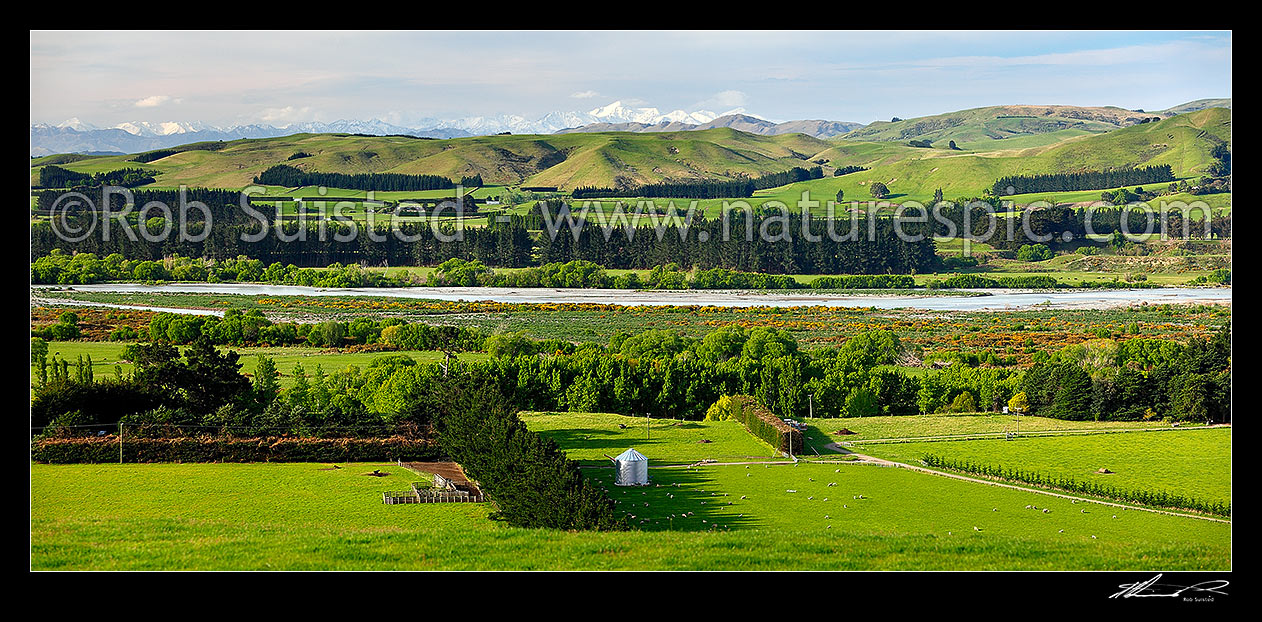 Image of Hurunui River and farmland near Domett, panorama with the Kaikoura Ranges and Mount Tapuae-o-Uenuku (centre) behind, Hurunui Mouth, Hurunui District, Canterbury Region, New Zealand (NZ) stock photo image