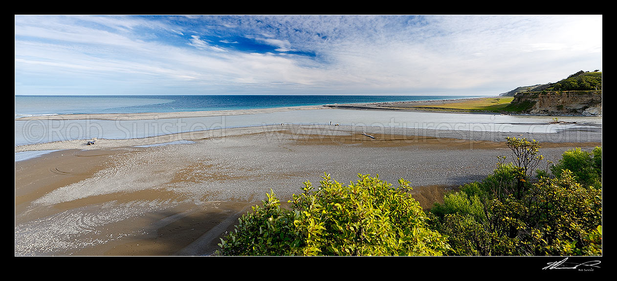 Image of Hurunui River mouth with whitebaiters. Panorama, Hurunui Mouth, Hurunui District, Canterbury Region, New Zealand (NZ) stock photo image