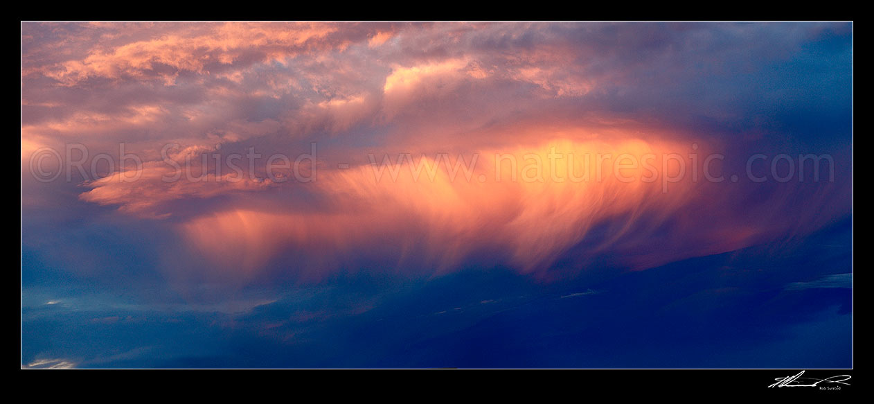 Image of Unusual wispy orange sunset clouds in an evening sky. Panorama file, New Zealand (NZ) stock photo image