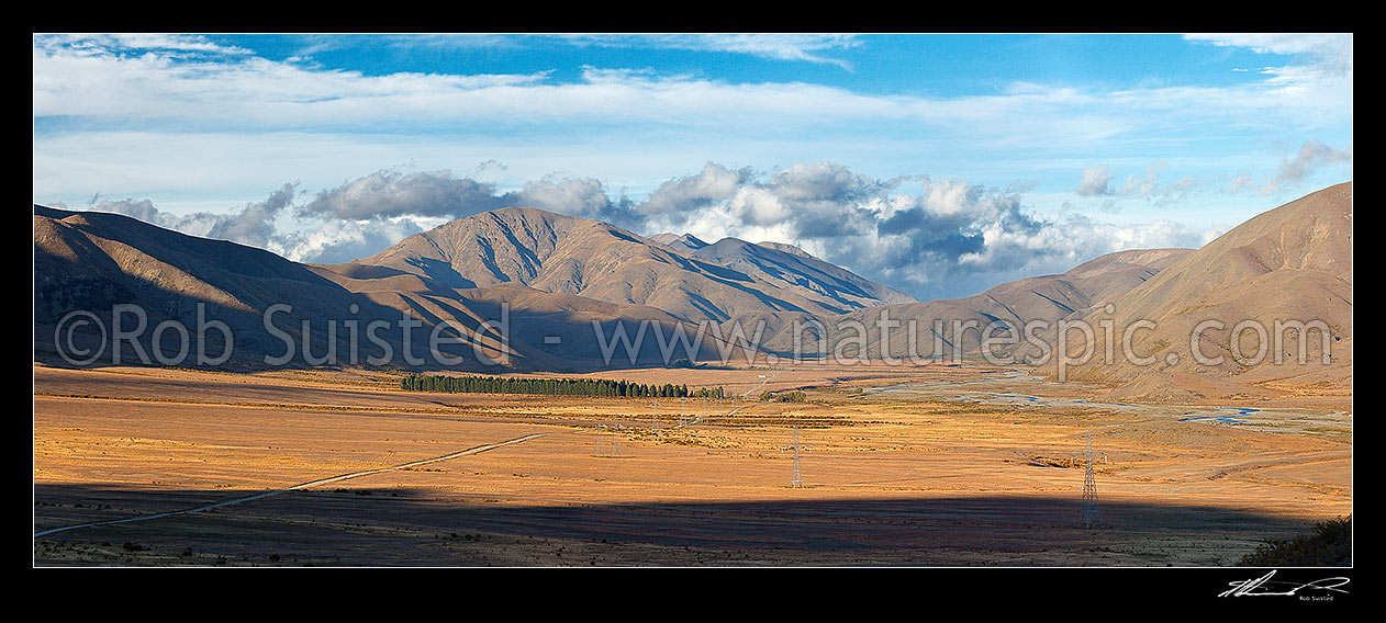 Image of Isolated Flat and upper Acheron River valley panorama with Mount Murphy (1827m) centre left, and Ward Pass centre right, Molesworth Station, Marlborough District, Marlborough Region, New Zealand (NZ) stock photo image