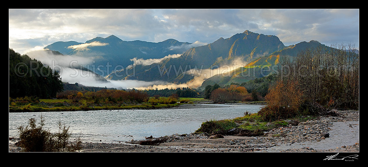 Image of Upper Matakitaki River valley with early morning mist lifting. Panorama, Murchison, Tasman District, Tasman Region, New Zealand (NZ) stock photo image