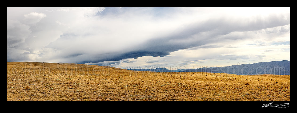 Image of Mount Moka, Bendigo Conservation Area, on the Dunstan Mountains Range. Alpine and tussock grassland panorama with dramatic clouds and impending snow, Bendigo, Central Otago District, Otago Region, New Zealand (NZ) stock photo image