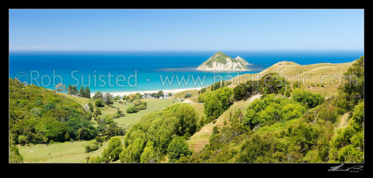 Image of Anaura Bay and Motuoroi Island. Cook's landing place in 1769. Panorama, Anaura Bay, Gisborne District, Gisborne Region, New Zealand (NZ) stock photo image