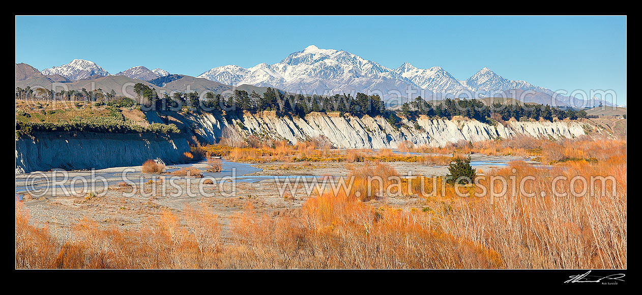 Image of Mount Tapuae-o-uenuku (2885m), Inland Kaikoura Ranges, above the lower Awatere River Valley. Mt Alarm and Mitre Peak right. Panorama, Awatere Valley, Marlborough District, Marlborough Region, New Zealand (NZ) stock photo image