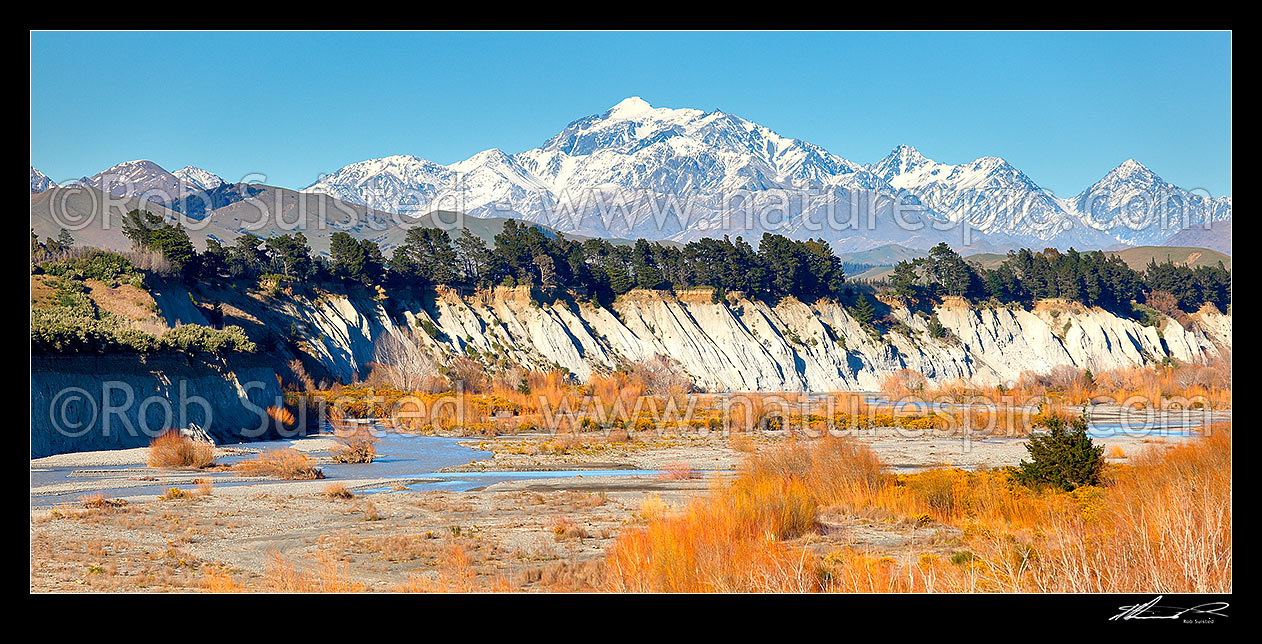 Image of Mount Tapuae-o-uenuku (2885m), Inland Kaikoura Ranges, above the lower Awatere River Valley. Mt Alarm and Mitre Peak right. Panorama, Awatere Valley, Marlborough District, Marlborough Region, New Zealand (NZ) stock photo image