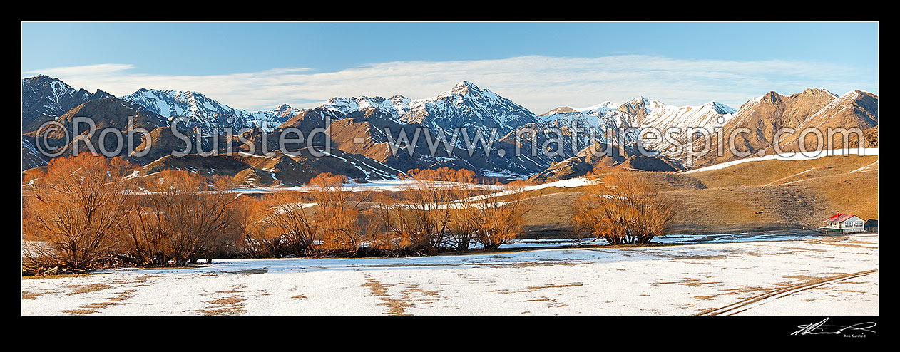 Image of Molesworth Station winter panorama with Inland Kaikoura Ranges and Turks Head (1958m) centre, Molesworth Station, Marlborough District, Marlborough Region, New Zealand (NZ) stock photo image