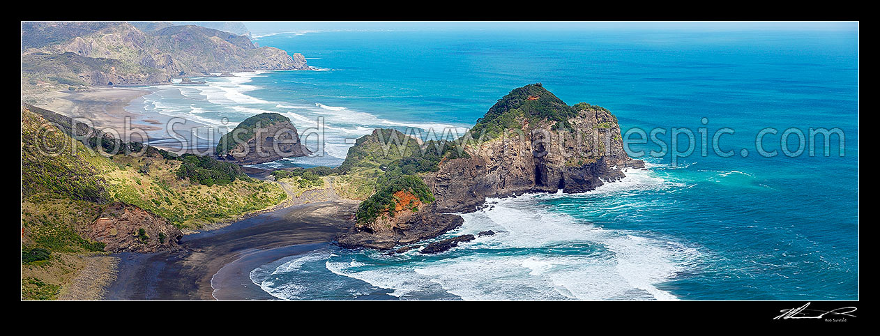 Image of Bethells Beach beyond Kauwahaia Island, Erangi Point and Ihumoana Island (left), with O'Neill Bay foreground. Waitakere Te Henga walkway panorama, Bethells Beach, West Auckland, Waitakere City District, Auckland Region, New Zealand (NZ) stock photo image