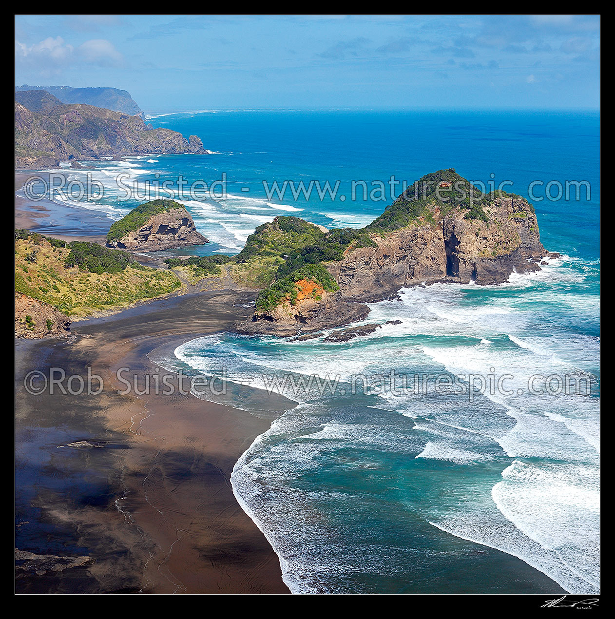 Image of Bethells Beach beyond Kauwahaia Island, Erangi Point and Ihumoana Island (left), with O'Neill Bay foreground. Waitakere Te Henga walkway. Square format, Bethells Beach, West Auckland, Waitakere City District, Auckland Region, New Zealand (NZ) stock photo image