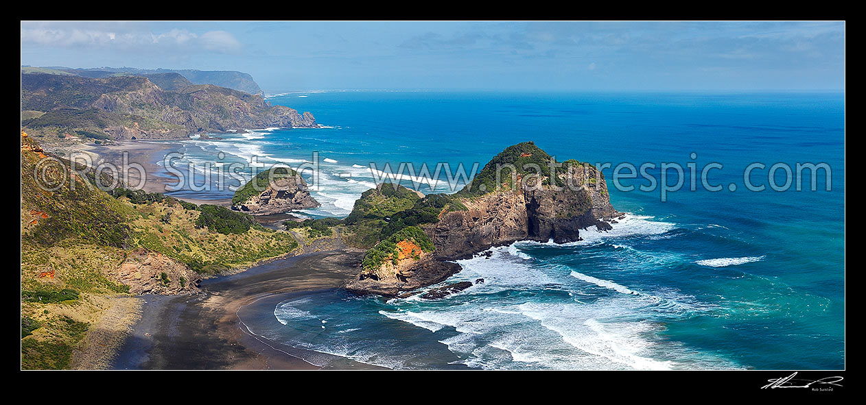 Image of Bethells Beach beyond Kauwahaia Island, Erangi Point and Ihumoana Island (left), with O'Neill Bay foreground. Waitakere Te Henga walkway panorama, Bethells Beach, West Auckland, Waitakere City District, Auckland Region, New Zealand (NZ) stock photo image