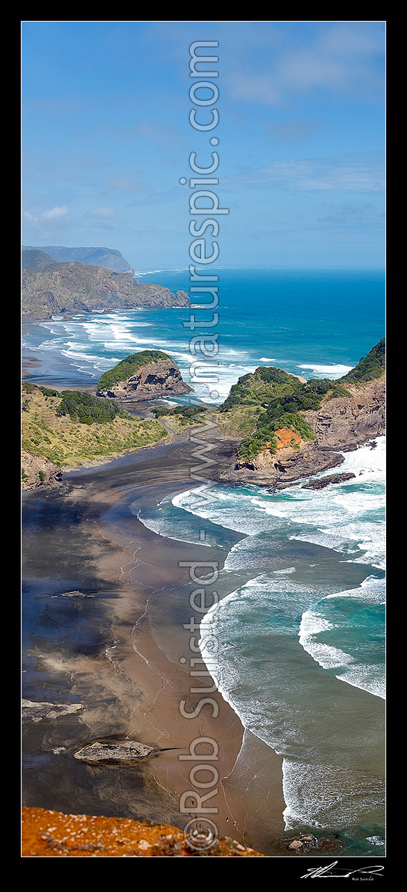 Image of Bethells Beach beyond Erangi Point and Ihumoana Island (left), with O'Neill Bay foreground. Waitakere Te Henga walkway panorama, Bethells Beach, West Auckland, Waitakere City District, Auckland Region, New Zealand (NZ) stock photo image