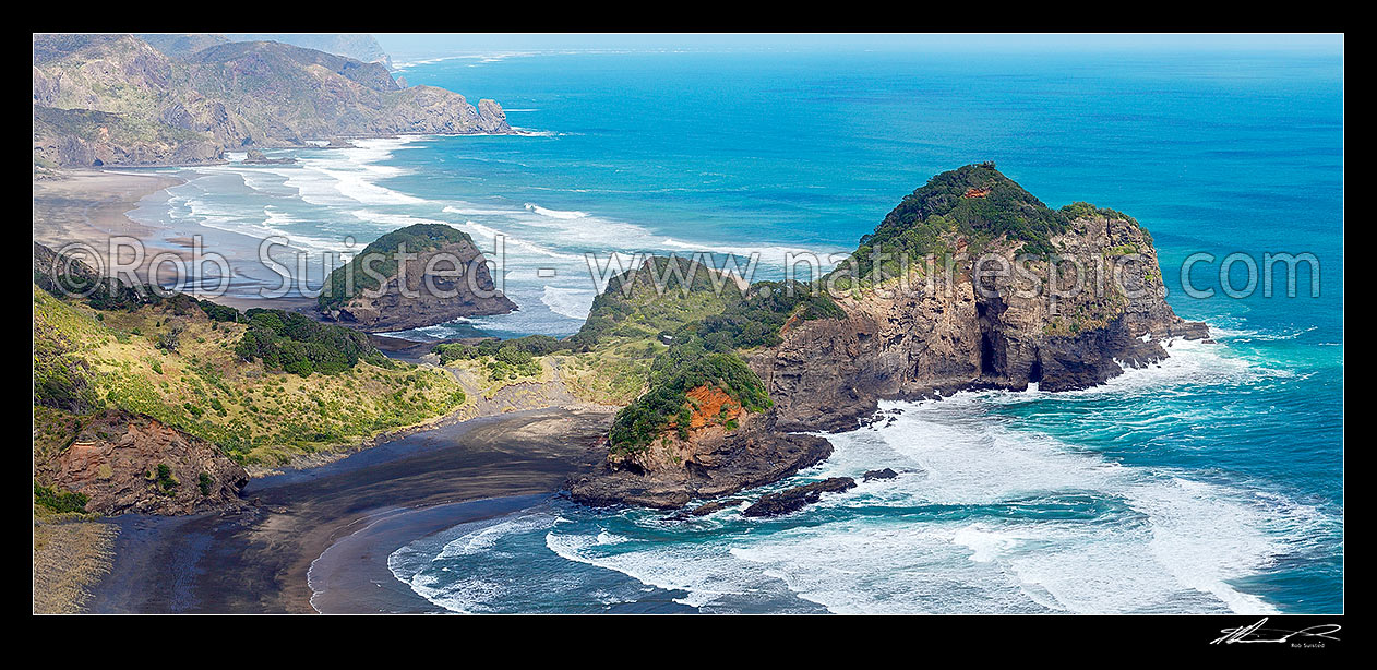 Image of Bethells Beach beyond Kauwahaia Island, Erangi Point and Ihumoana Island (left), with O'Neill Bay foreground. Waitakere Te Henga walkway panorama, Bethells Beach, West Auckland, Waitakere City District, Auckland Region, New Zealand (NZ) stock photo image