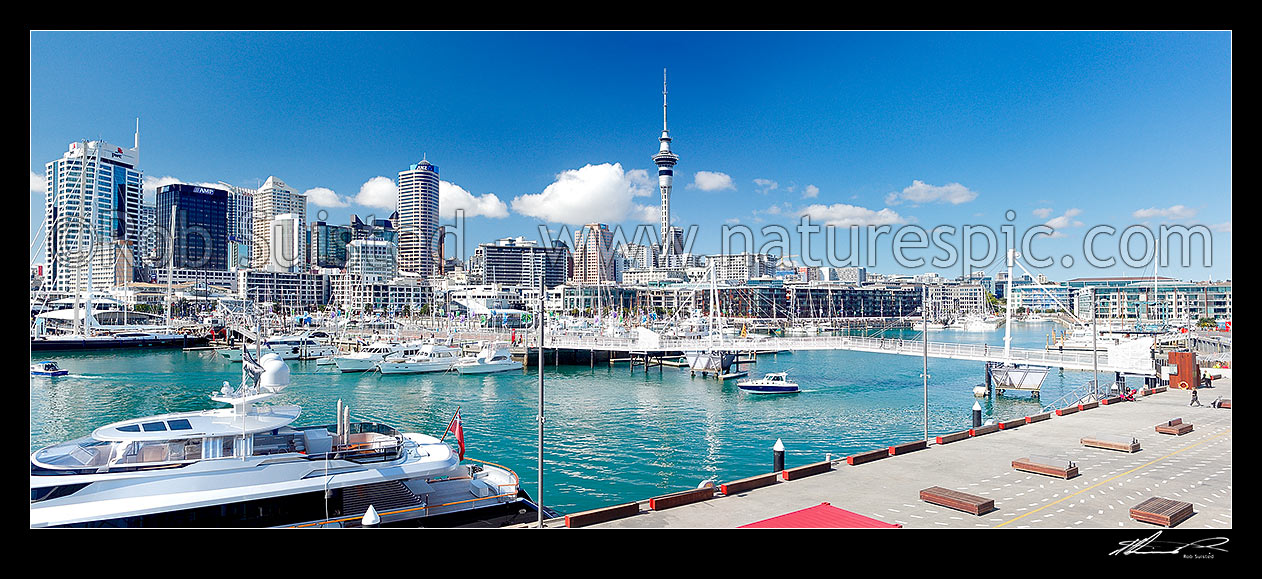 Image of Auckland City waterfront and Viaduct Harbour panorama, with boat and yachts moored in Viaduct Harbour. Wynyard Crossing bridge at right. The Auckland Skytower above, Auckland City, Auckland City District, Auckland Region, New Zealand (NZ) stock photo image