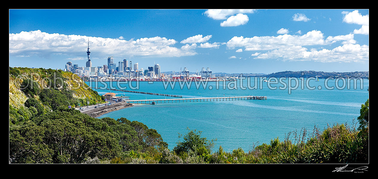 Image of Auckland City, waterfront and Waitemata Harbour photo from near Mission Bay and Bastion Point. Panorama, Auckland City, Auckland City District, Auckland Region, New Zealand (NZ) stock photo image