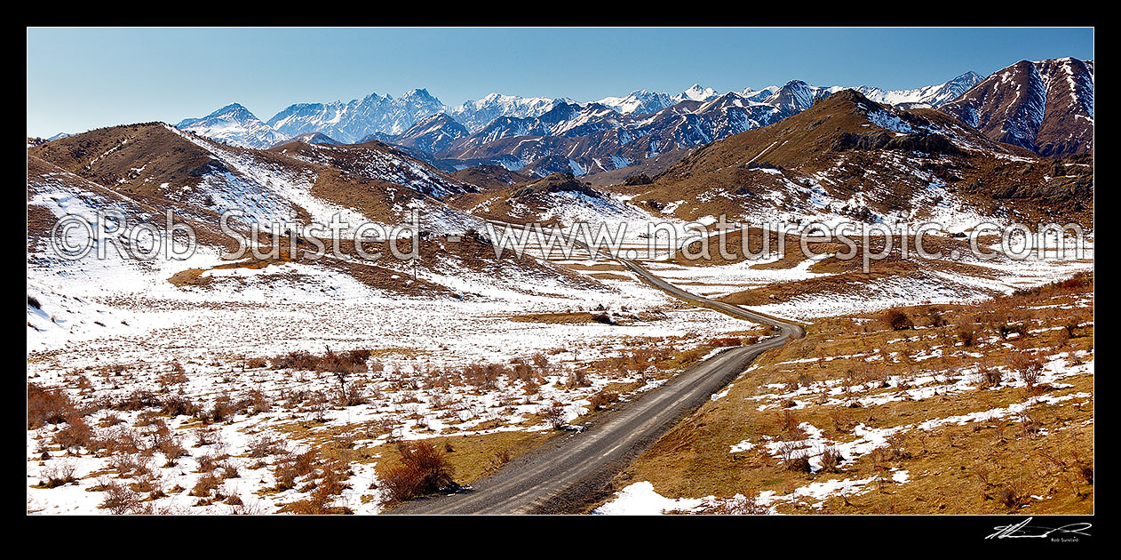 Image of The Muller Station and upper Awatere Valley Road in winter. Inland Kaikoura Ranges and Mt Tapuae-o-Uenuku (2885m) behind left. Panorama. See Spring comparison image: 45266, Awatere Valley, Marlborough District, Marlborough Region, New Zealand (NZ) stock photo image