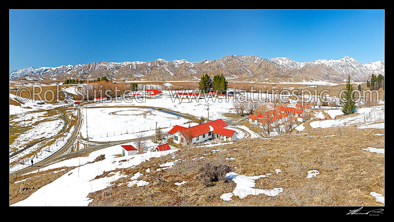 Image of Farm station buildings at Molesworth. Taken from above the cookhouse. Winter time panorama. Compare to summer 42303, Molesworth Station, Marlborough District, Marlborough Region, New Zealand (NZ) stock photo image