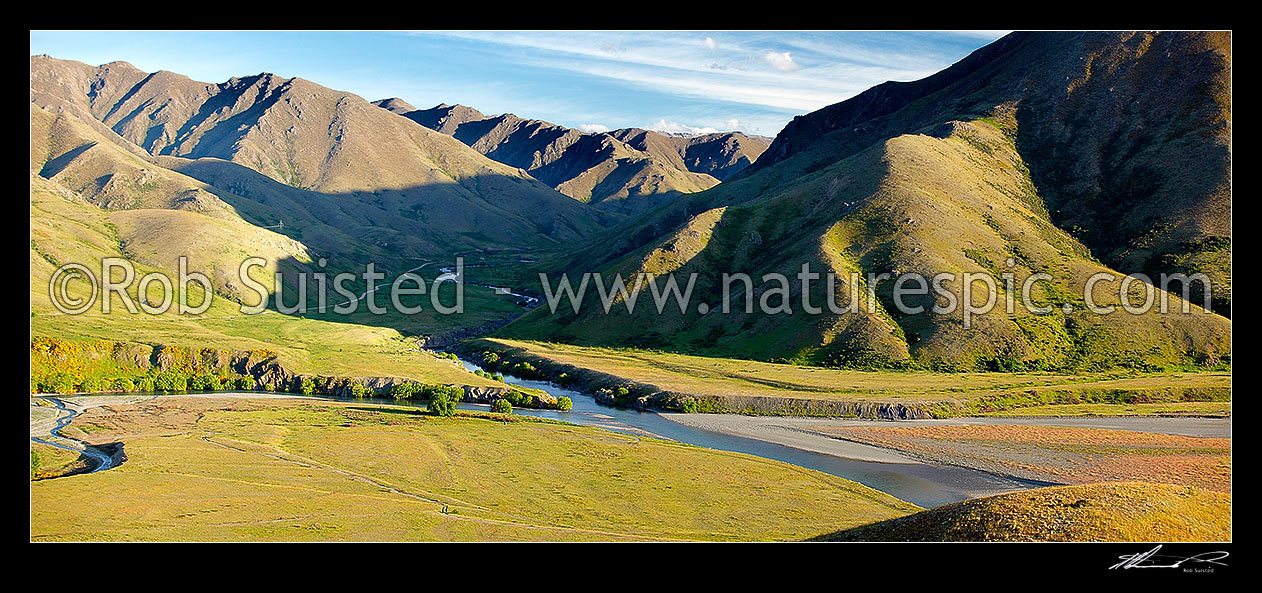 Image of Molesworth Station at the confluence of the Clarence and Acheron (centre) Rivers. Lush spring panorama, Molesworth Station, Marlborough District, Marlborough Region, New Zealand (NZ) stock photo image