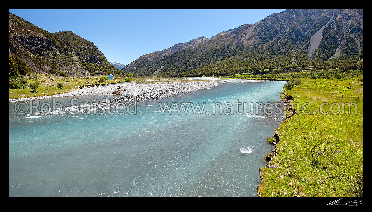 Image of Looking down the Wairau River valley at the Rainbow River confluence, Rainbow Station. Elise Peak (1823m) above. Panorama, Wairau, Marlborough District, Marlborough Region, New Zealand (NZ) stock photo image