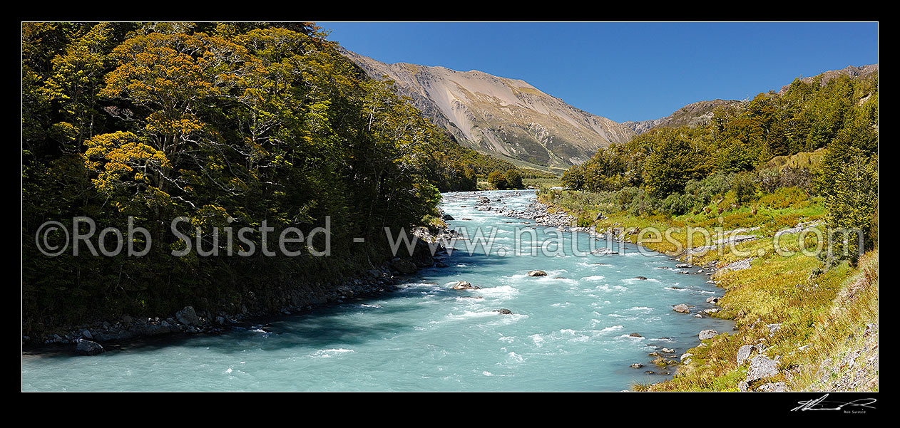 Image of Wairau River rapids on the Rainbow Station Road (Wairau - Hanmer Springs Hydro Road). Panorama, Wairau, Marlborough District, Marlborough Region, New Zealand (NZ) stock photo image