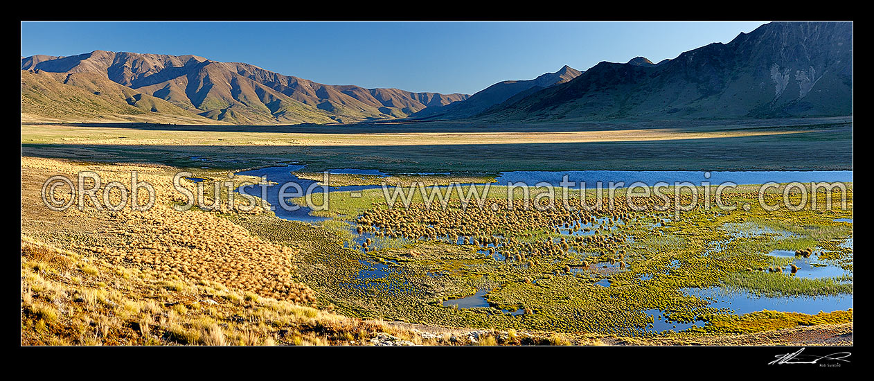 Image of Lake Sedgemere wetland evening, with Boddington Range at left. Tarndale panorama, Molesworth Station, Marlborough District, Marlborough Region, New Zealand (NZ) stock photo image